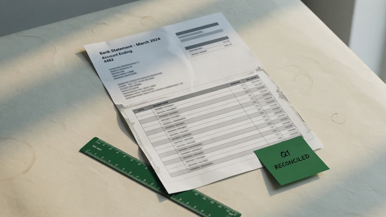 Bank statement on a desk with a green sticky note marked reconciled